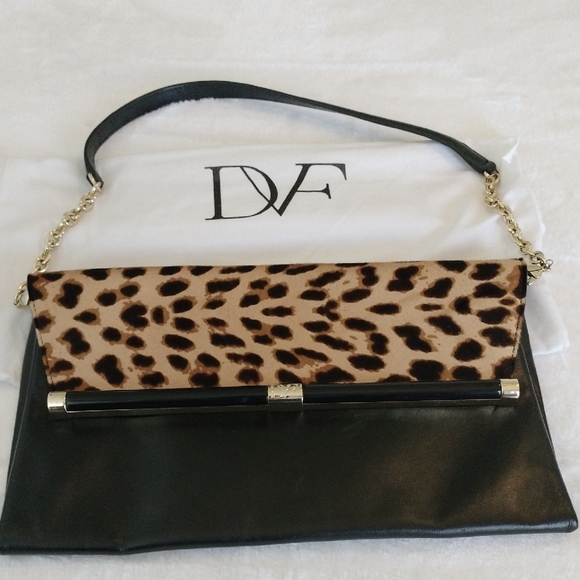 Diane Von Furstenberg Animal Print Clutch Bag in Black calf leather Leather